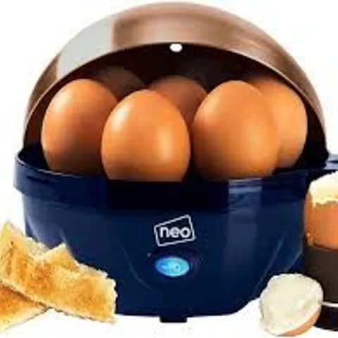 BOXED NEO STAINLESS STEEL ELECTRIC EGG BOILER POACHER AND STEAMER - BLUE/SILVER (1 BOX)