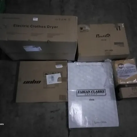 PALLET OF ASSORTED ITEMS INCLUDING FABIAN CLARKE PHOTO FRAME, ELECTRIC CLOTHES DRYER, UNHO GARDEN STOOL, DUST SHEETS, GLASS STORAGE JAR, FIREWOOD LOG RACK