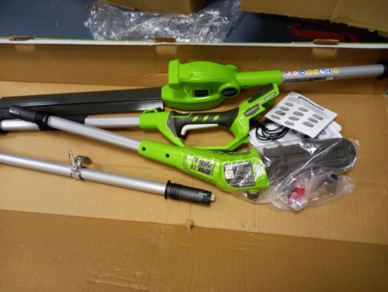 GREENWORKS TOOLS BATTERY-POWERED POLE MOUNTED PRUNER AND HEDGE TRIMMER