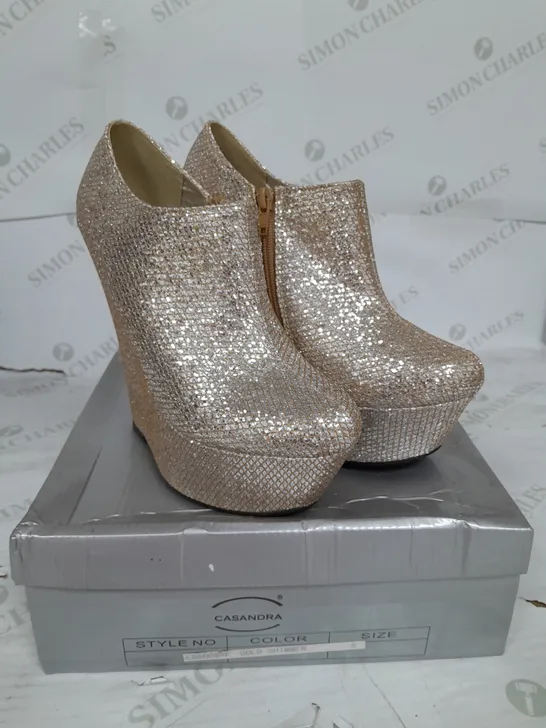 BOXED PAIR OF CASANDRA PLATFORM WEDGE HEEL ANKLE SHOE IN GOLD SHIMMER SIZE 6