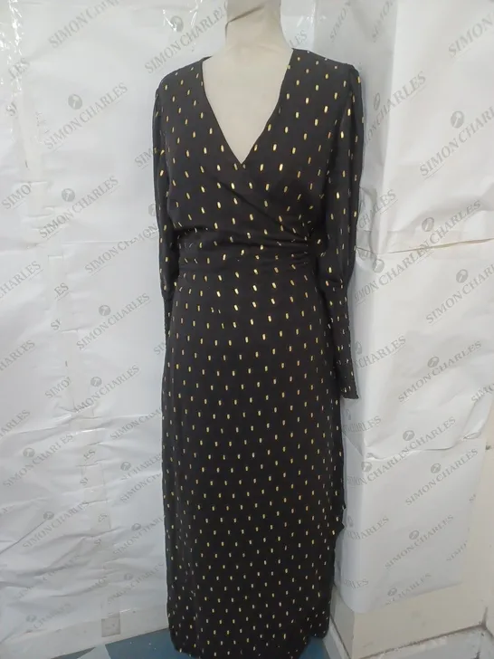 GLAMOROUS TIE WRAP MAXI DRESS IN BLACK/GOLD SPOT SIZE 12