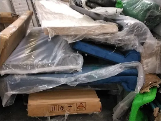 PALLET OF ASSORTED ITEMS INCLUDING, BLUE BED BASE , BENCH GARDEN CUSHION , GARDEN TARP , GREY BED PARTS 