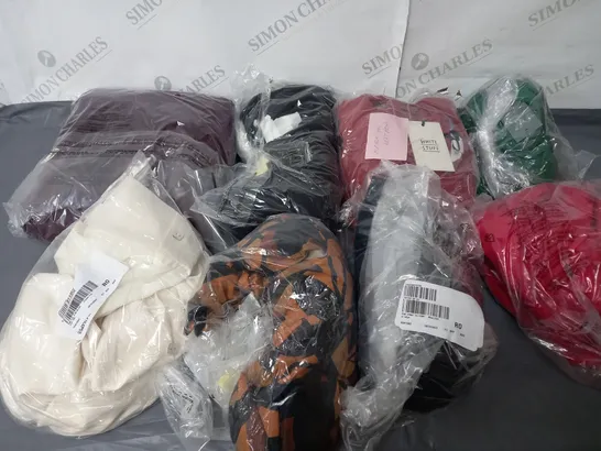 BOX OF ASSORTED CLOTHING ITEMS TOO INCLUDE BAGS , TOPS, AND TROUSERS   ETC. 