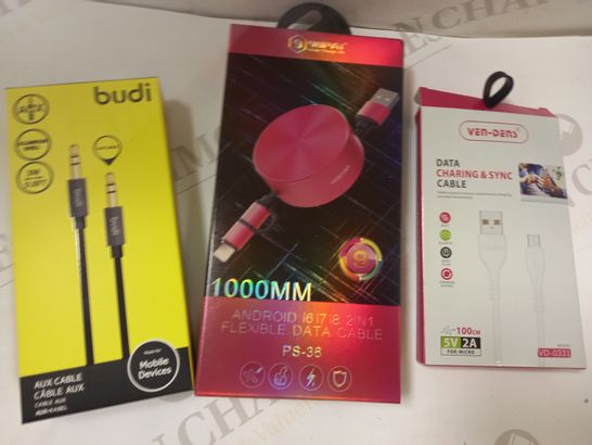 LOT OF APPROXIMATELY 10 ASSORTED HOUSEHOLD ITEMS TO INCLUDE VEN-DENS DATA CHARGING & SYNC CABLE, DESIGNER 2-IN-1 FLEXIBLE DATA CABLE, BUDI AUX CABLE, ETC