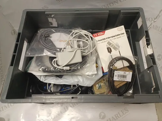 BOX OF APPROXIMATELY 15 ASSORTED ELECTRICALS & ELECTRICAL CABLES OF VARIOUS TYPES TO INCLUDE USB MOUSE, SINGLE PORT ANALOG VIDEO PASSIVE TRANSCEIVER, USB-C CHARGING CABLE, ETC