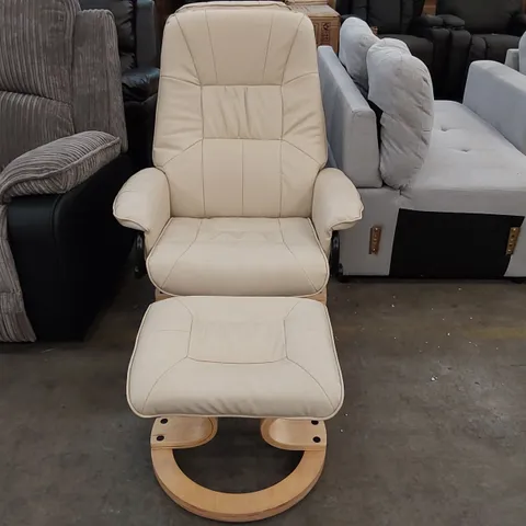 DESIGNER CREAM LEATHER SWIVEL CHAIR WITH FOOTREST (2 ITEMS)