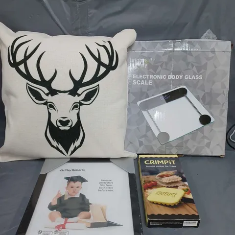 APPROXIMATELY 20 HOUSEHOLD ITEMS TO INCLUDE GLASS BODY SCALES, PICTURE FRAME AND CUSHION WITH DEER DESIGN