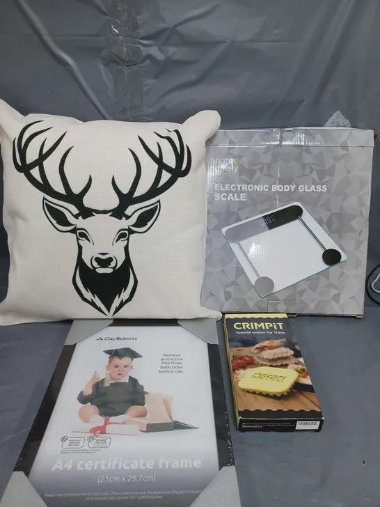 APPROXIMATELY 20 HOUSEHOLD ITEMS TO INCLUDE GLASS BODY SCALES, PICTURE FRAME AND CUSHION WITH DEER DESIGN