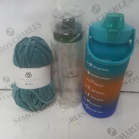 BOX OF APPROXIMATELY 15 HOUSEHOLD ITEMS TO CONTAIN POLYESTER KNITTING YARN, 2000ML WATER BOTTLE, ARBONT 1L WATER BOTTLE ETC 