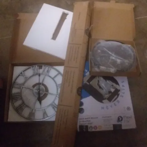 PALLET OF ASSORTED ITEMS INCLUDING BLACK TOILET SEAT, RETRACTABLE GATE, CLOCKS