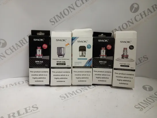 APPROXIMATELY 25 ASSORTED BOXED SMOK VAPING PRODUCTS TO INCLUDE RPM COIL, TFC9 COIL, NOVO 2 POD ETC. 