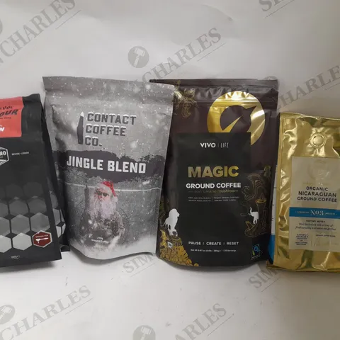 BOX OF APPROX 10 ITEMS TO INCLUDE VIVO LIFE MAGIC GROUND COFFEE, CONTACT COMPANY CO JINGLE BLEND COFFEE, ORGANIC NICARAGUAN GROUND COFFEE