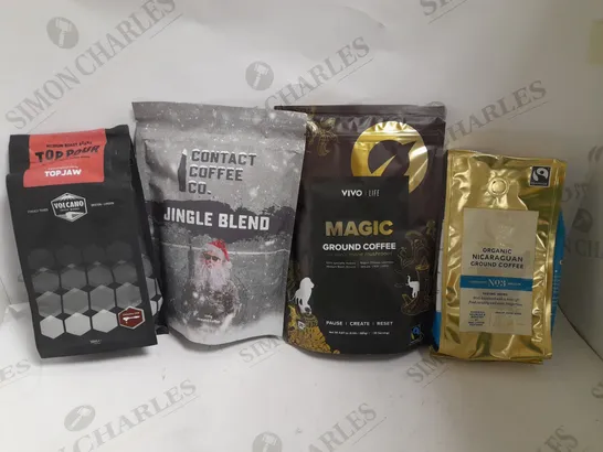 BOX OF APPROX 10 ITEMS TO INCLUDE VIVO LIFE MAGIC GROUND COFFEE, CONTACT COMPANY CO JINGLE BLEND COFFEE, ORGANIC NICARAGUAN GROUND COFFEE