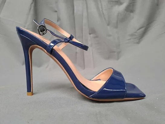 BOXED PAIR OF DESIGNER OPEN TOE HIGH HEEL SANDALS IN BLUE EU SIZE 36