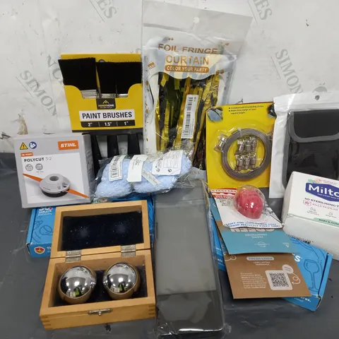 APPROXIMATELY 20 ASSORTED ITEMS TO INCLUDE MILTON STERILISING TABLETS, PAINT BRUSH SET, HOSE CLAMP SET, COLOUR CHANGING EGG TIMER, DISHWASHER TABLETS,