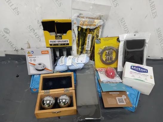 APPROXIMATELY 20 ASSORTED ITEMS TO INCLUDE MILTON STERILISING TABLETS, PAINT BRUSH SET, HOSE CLAMP SET, COLOUR CHANGING EGG TIMER, DISHWASHER TABLETS,