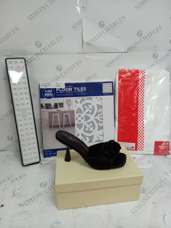 BOX OF APPROXIMATELY 10 ASSORTED ITEMS TO INCLUDE FLOOR TILES, MICROGUARD, SHOES ETC