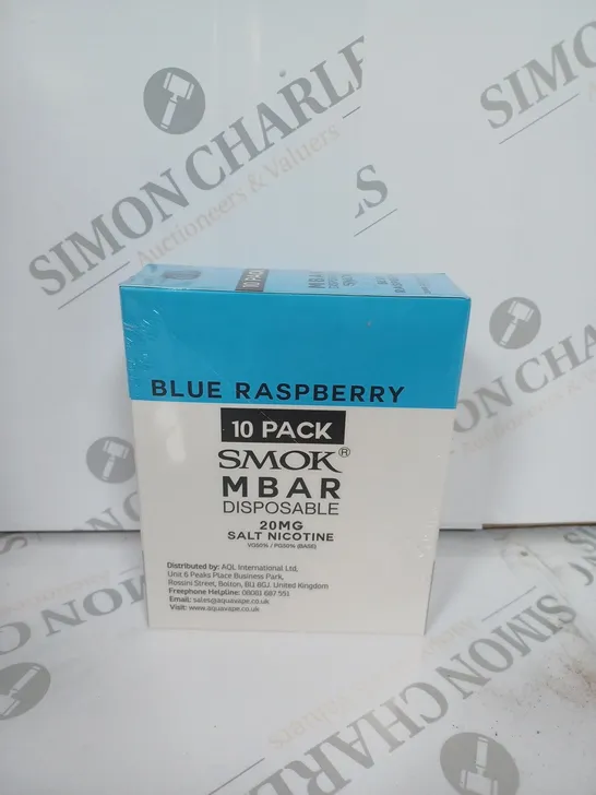 BOX OF APPROXIMATELY 10 BOXES OF BLUE RASPBERRY 10 PACK SMOK M BAR DISPOSABLE 20MG SALT NICOTINE