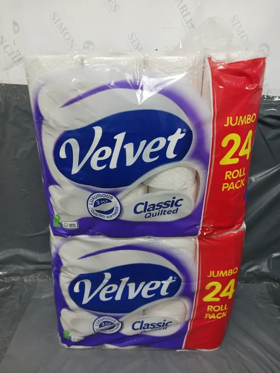 2 VELVET 24 PACKS OF CLASSIC QUILTED TOILET ROLLS (24x2)