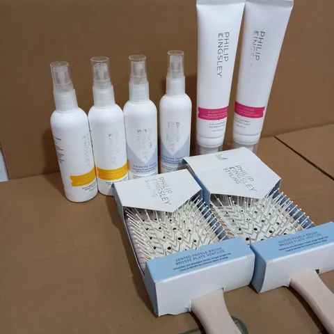 LOT OF ASSORTED PHILIP KINGSLEY HAIR PRODUCTS TO INCLUDE VENTED PADDLE BRUSH, 125ML ROOT BOOSTING SPRAY MAXIMISER, AND 150 ML 5-IN-1 TREATMENT ELASTI-STYLER 
