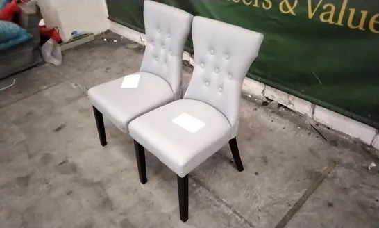 PAIR OF KENSINGTON LIGHT GREY LEATHER BUTTON BACK DINING CHAIRS WITH BLACK LEGS