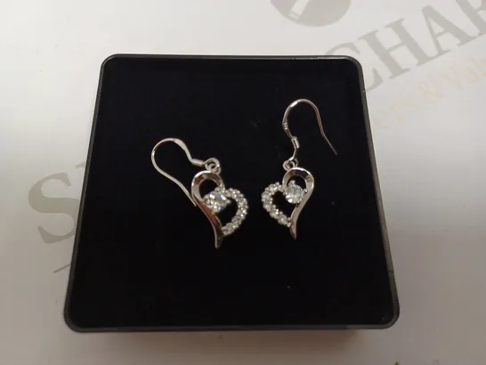 BOXED PAIR OF SILVER EFFECT HEART DANGLE EARRINGS