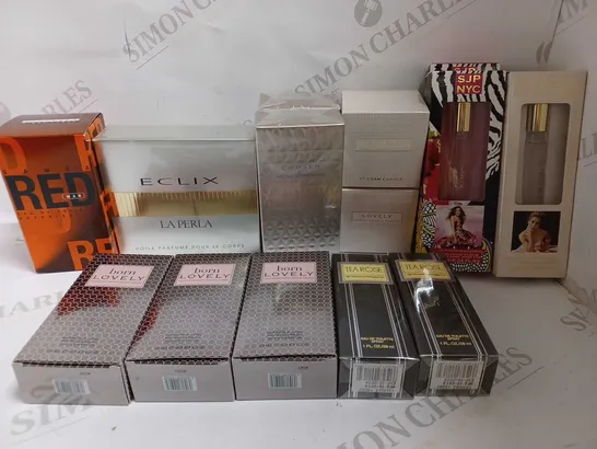 LOT OF APPROX 12 ASSORTED FRAGRANCES TO INCLUDE NICOLE SCHERZINGER CHOSEN, SARAH JESSICA PARKER BORN LOVELY PERFUME, BAMBA RED MAN EAU DE TOILETTE, ETC 