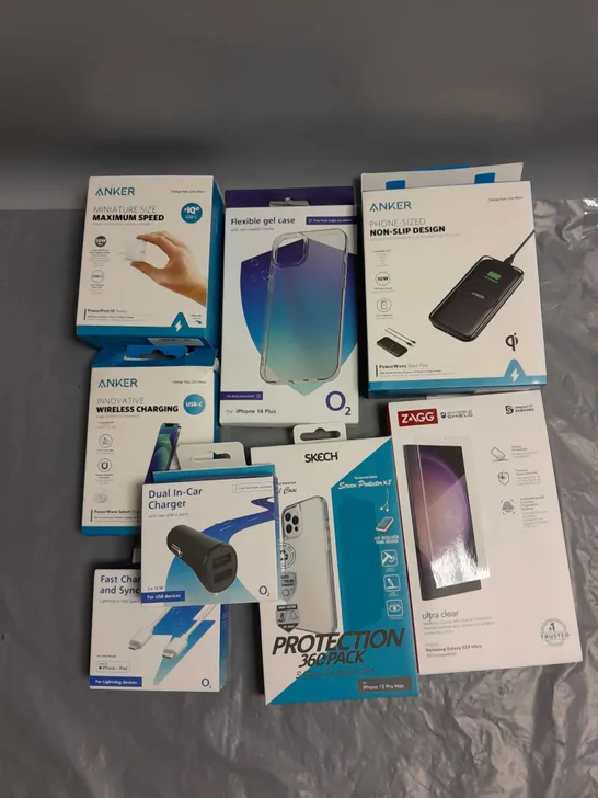 LARGE BOX OF APPROX 100 ASSORTED PHONE CASES AND ELECTRICAL ITEMS TO INCLUDE ANKER POWER WAVE BASE PAD, O2 DUAL IN-CAR CHARGER, GEL CASE FOR IPHONE 14 PLUS ETC