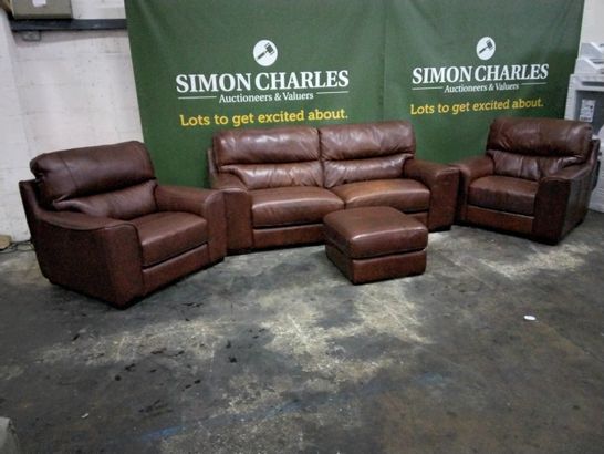 QUALITY ITALIAN DESIGNER PRATO CHESTNUT LEATHER FIXED LOUNGE SUITE, COMPRISING THREE SEATER SOFA, PAIR EASY CHAIRS & FOOTSTOOL 