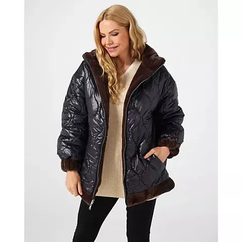 NUAGE FAUX FUR REVERSIBLE PADDED JACKET- BLACK/CHOCOLATE SMALL