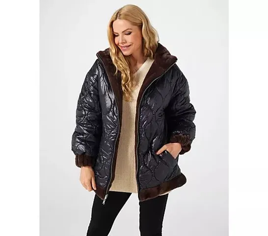 NUAGE FAUX FUR REVERSIBLE PADDED JACKET- BLACK/CHOCOLATE SMALL