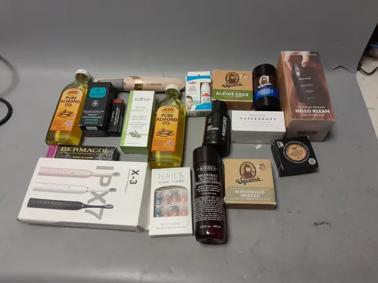 BOX OF APPROXIMATELY 15 COSMETIC ITEMS TO INCLUDE HELLO KLEAN SHAMPOO, SQUATCH SOAP, AND PURE ALMOND OIL ETC. 