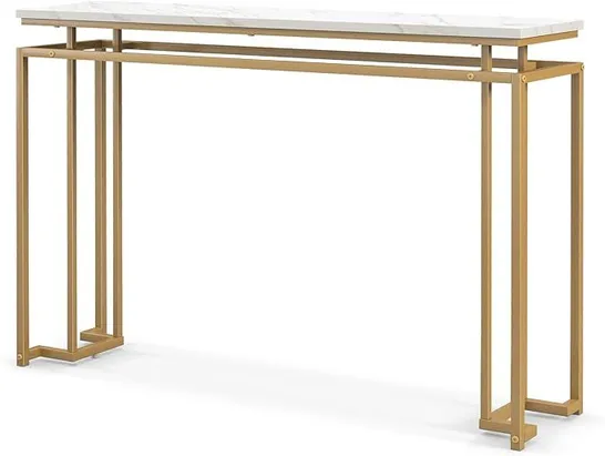 BOXED GOLD CONSOLE TABLE WITH FAUX MARBLE TABLETOP AND GEOMETRIC METAL FRAME - WHITE