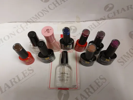 BOX OF APPROX 10 MANICURE ITEMS TO INCLUDE SALLY HANSEN NAIL HARDENER, BLUESKY GEL POLISH AND SALLY HANSEN NAIL COLOUR