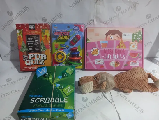 BOX OF APPROX 20 ASSORTED TOYS TO INCLUDE - BUSY BOK LIFE SKILLS - TRAVEL SCRABBLE - SUPER SPINNING SHOOTER GAME ECT