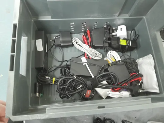 TOTE OF APPROXIMATELY 15 ASSORTED HOUSEHOLD ITEMS TOO INCLUDE AC ADAPTER, WIRES, AND CHARGERS ETC. 