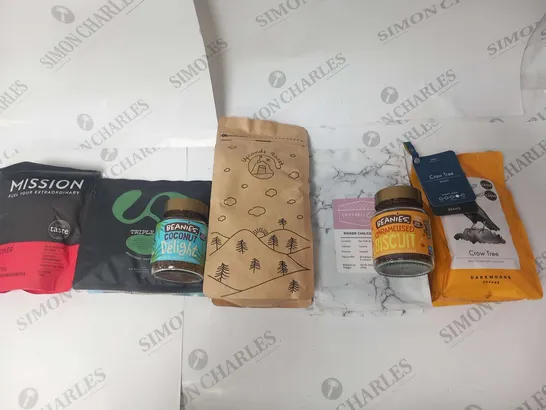 APPROXIMATELY 10 ASSORTED COFFEE PRODUCTS TO INCLUDE; TUGBOAT, NINETY SIX DEGREES, CROW TREE, BEANIES, UPLANDS ROAST, CAMPBELL AND SYME AND TRIPLE CO