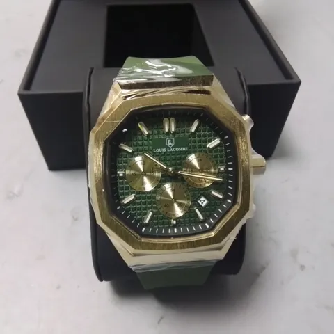 LOUIS LACOMBE STAINLESS STEEL GENTS CHRONOGRAPH WATCH WITH GREEN RUBBER STRAP