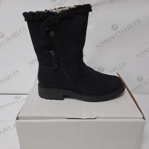 BOXED PAIR OF CLARKS WOMEN'S OPAL BOOTS - BLACK SUEDE // SIZE: 3 UK 