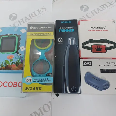 LOT OF 6 ASSORTED ITEMS TO INCLUDE BARKING CONTROL COLLAR, NOSE TRIMMER AND ANTI SNORING DEVICE