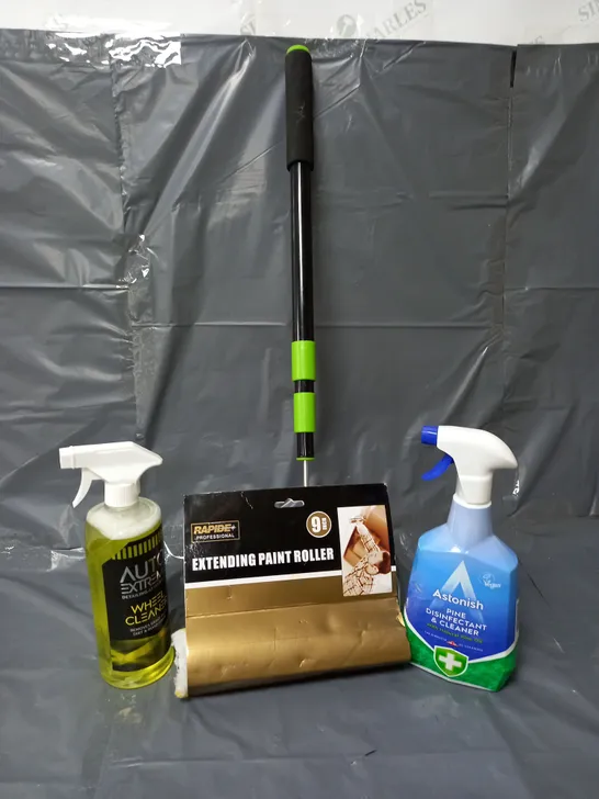 APPROXIMATELY 20 ASSORTED ITEMS TO INCLUDE TELESCOPIC PAINT ROLLER, AUTO EXTREME WHEEL CLEANER, ASTONISH PINE DISINFECTANT & CLEANER, ETC - COLLECTION ONLY