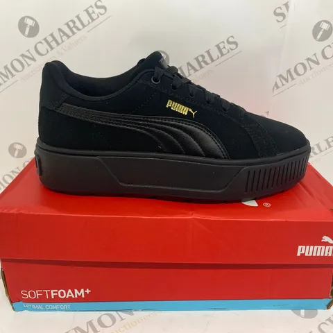 BOXED PAIR OF PUMA BLACK TRAINERS SIZE 4