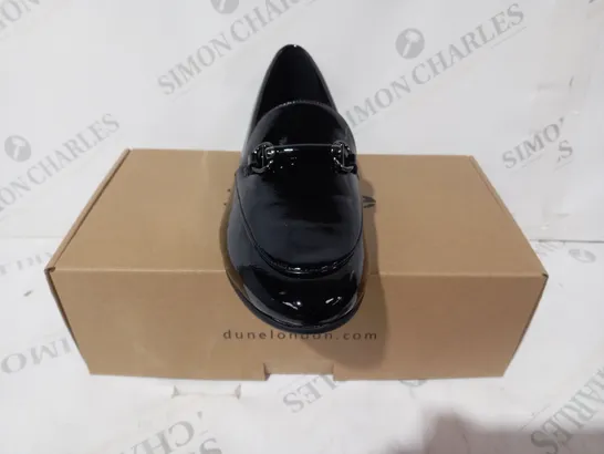 BOXED PAIR OF DUNE LONDON LOAFERS IN GLOSSY BLACK SIZE 6