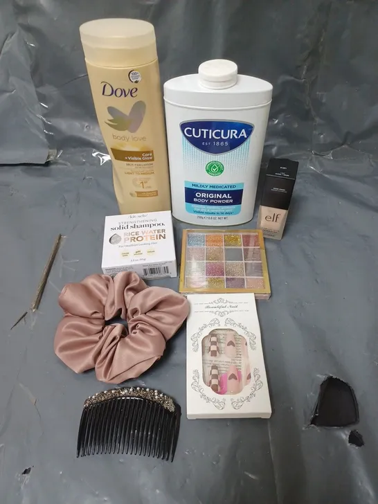 APPROXIMATELY 20 ASSORTED COSMETIC PRODUCTS TO INCLUDE CUTICURA BODY POWDER, DOVE SELF-TAN LOTION AND AN EYE SHADOW PALETTE ETC. 