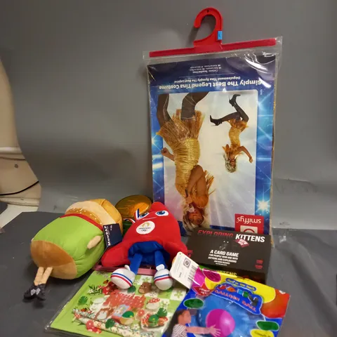 BOX OF ASSORTED TOYS AND GAMES TO INCLUDE TEDDIES, CARD GAMES AND FANCY DRESS