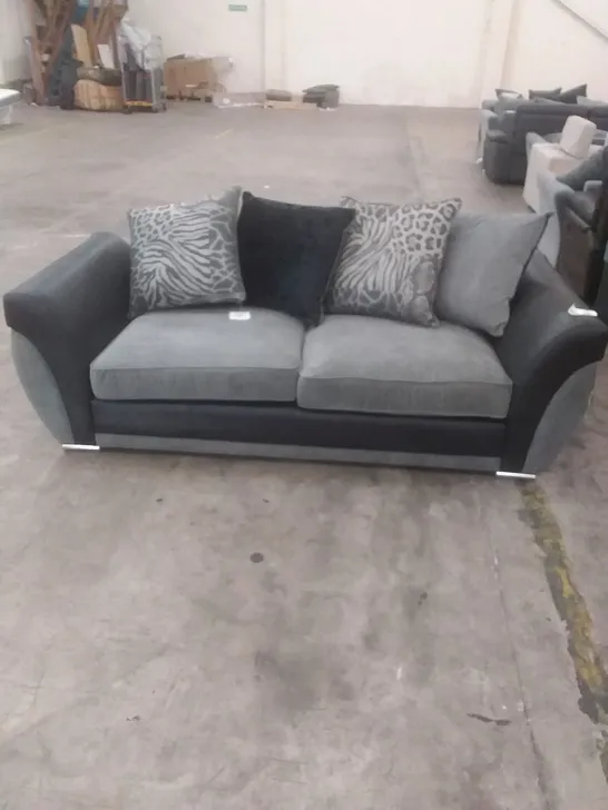 DESIGNER 3 SEATER SOFA BLACK FAUX LEATHER GREY FABRIC WITH SCATTER CUSHIONS