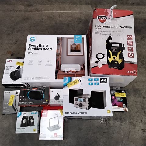BOX OF ASSORTED ELECTRONIC ITEMS TO INCLUDE HP ENVY 6020 PRINTER, AUTO DRIVE HIGH PRESSURE WASHER, ONN CD MICRO SYSTEM, GOOGLE CHROME CAST, MIXX WIRELESS HEADPHONES,  ETC