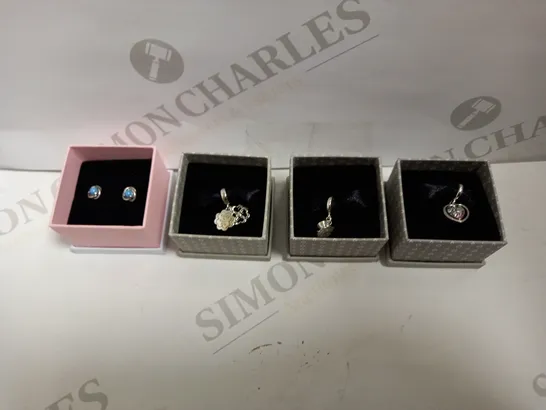 LOT TO CONTAIN 4 X PANDORA PRODUCTS, INCLUDES 1 X SET OF EARRINGS & 3 X CHARMS 