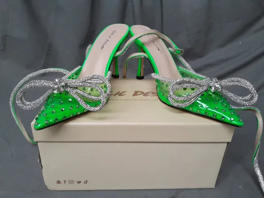 BOXED PAIR OF PUBLIC DESIRE POINTED TOE HEELS IN NEON GREEN W. JEWEL EFFECT UK SIZE 5