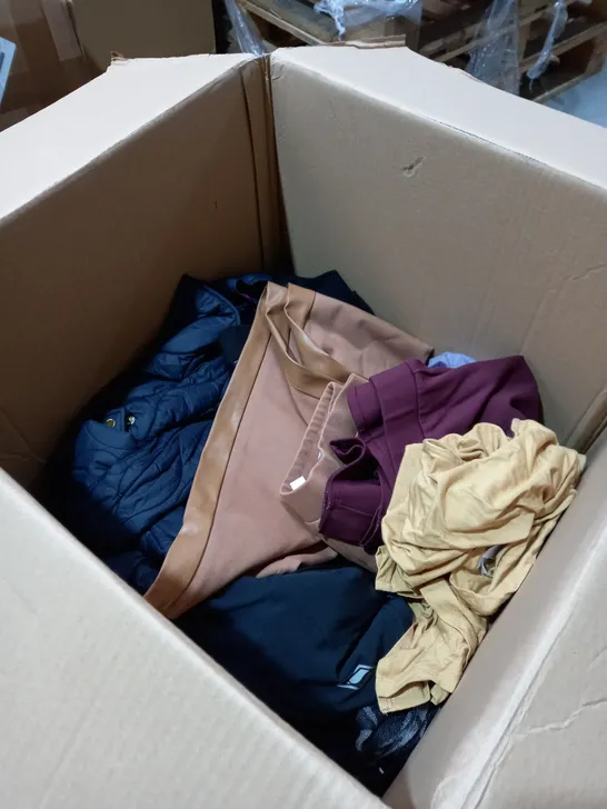 BOX OF CLOTHES APPROXIMATELY 20 TO INCLUDE COATS, PANTS, TOPS ETC